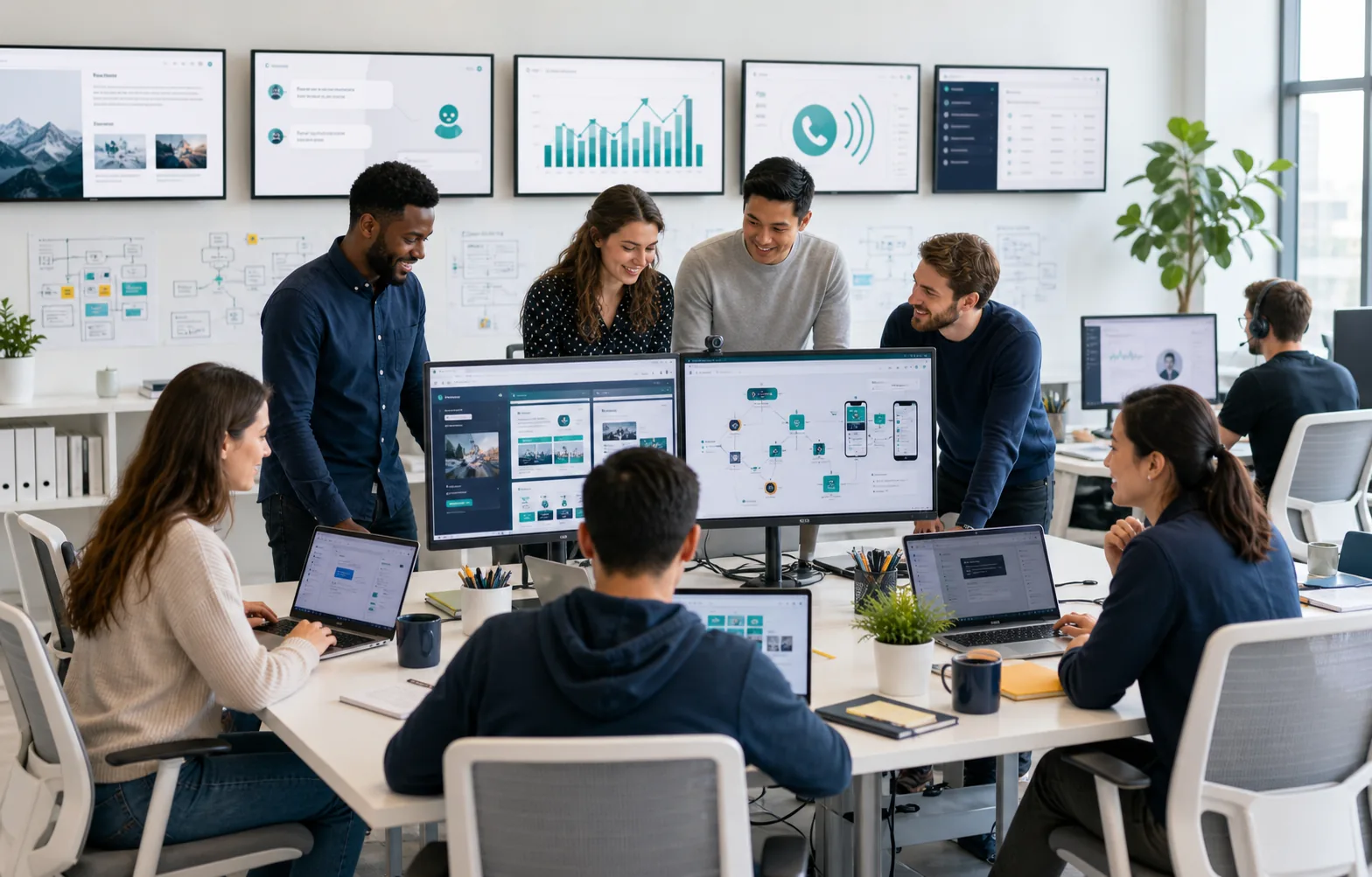 DuckTele team collaborating on websites, SEO, AI chat, AI voice reception, hosting, and software launch work