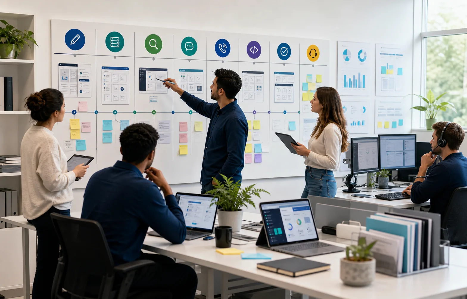 DuckTele team planning design, hosting, SEO, chatbot, voice reception, software, QA, and support work on a bright workflow wall