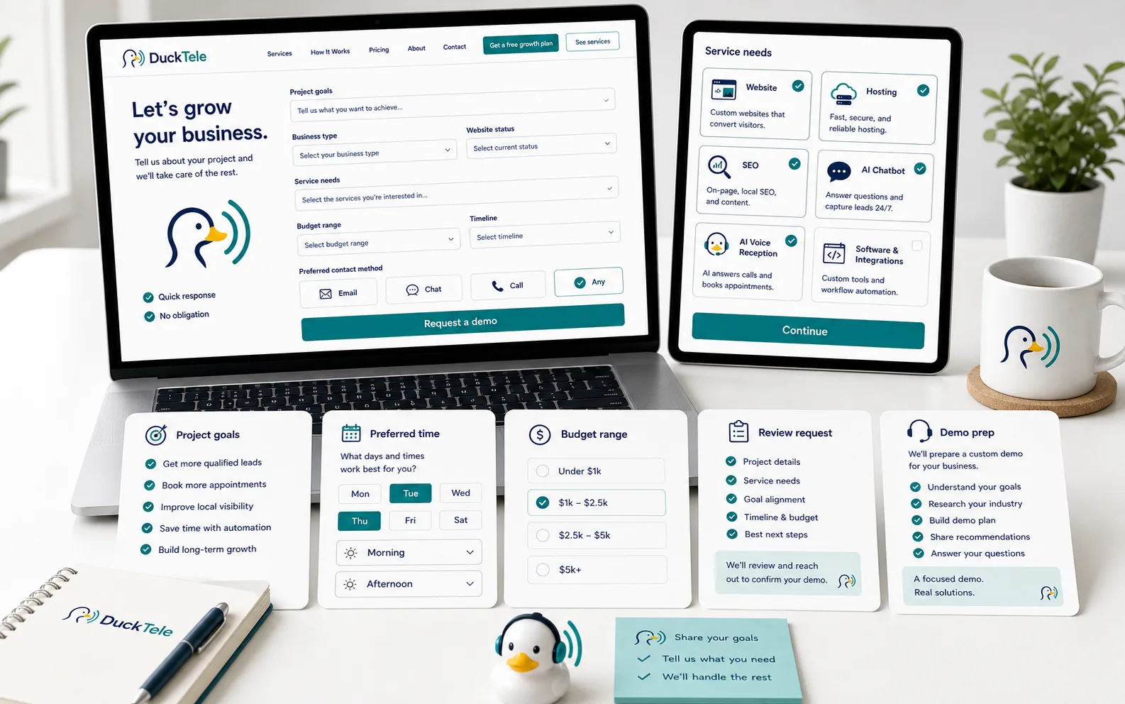 DuckTele intake form and service selection workflow with project goals, service needs, preferred time, review request, and demo prep