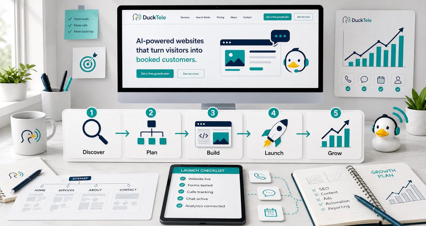 Five-step DuckTele process workflow from discovery through growth