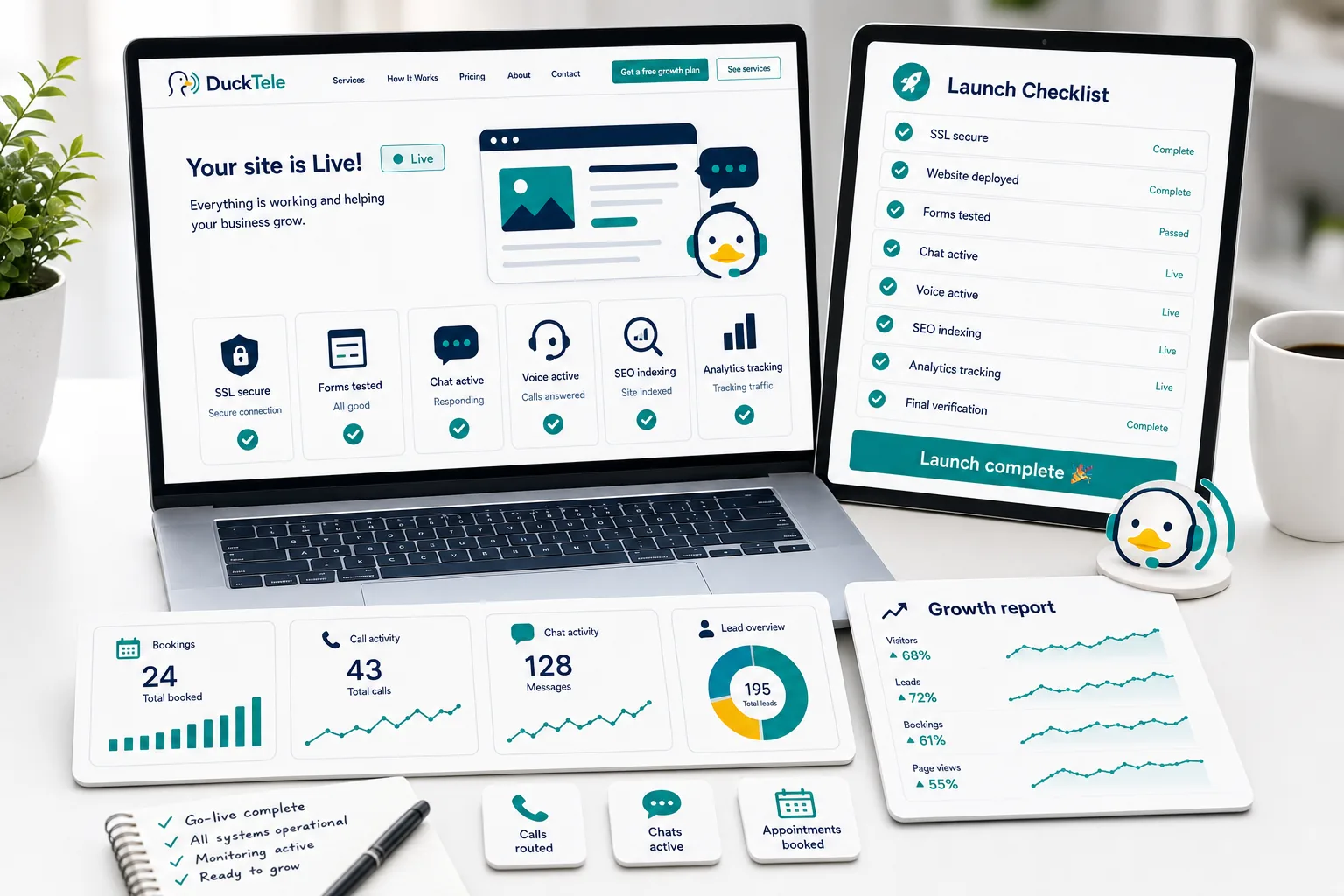 DuckTele launch checklist and growth report showing SSL, forms, chat, voice reception, SEO, analytics, bookings, calls, and chats active