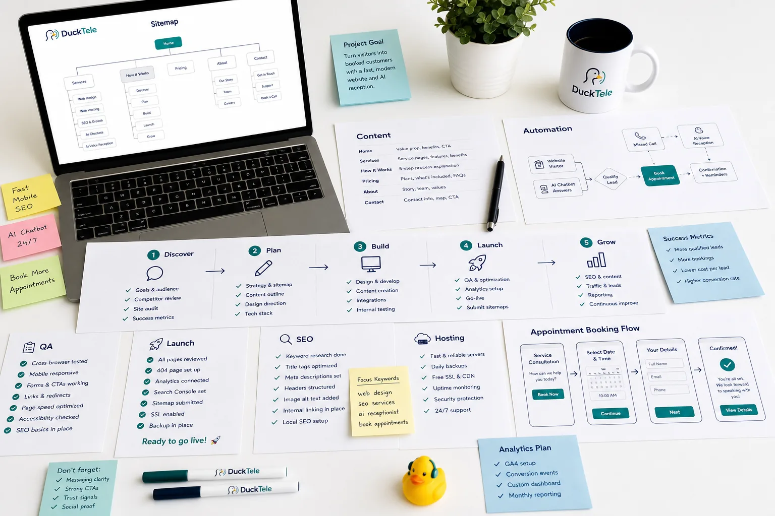 DuckTele strategy table with sitemap, content, automation, launch, SEO, hosting, and booking flow planning
