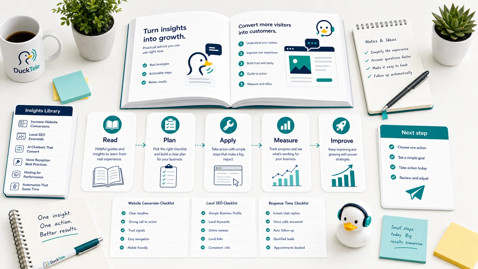 DuckTele insights guide showing read, plan, apply, measure, improve, and next step cards with website conversion, local SEO, and response time checklists