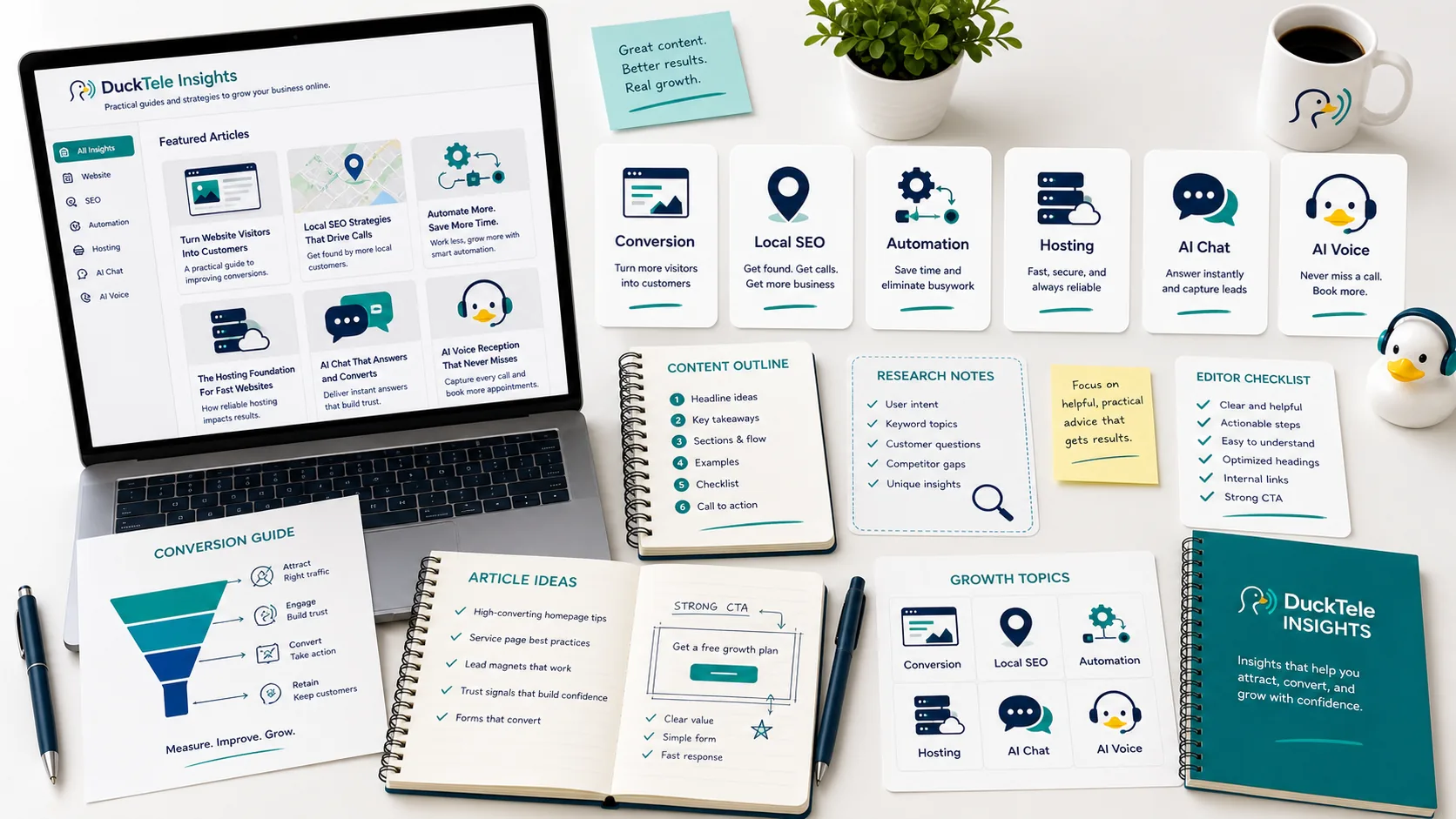 DuckTele insights editorial board with conversion, local SEO, automation, hosting, AI chat, AI voice, research notes, and article ideas