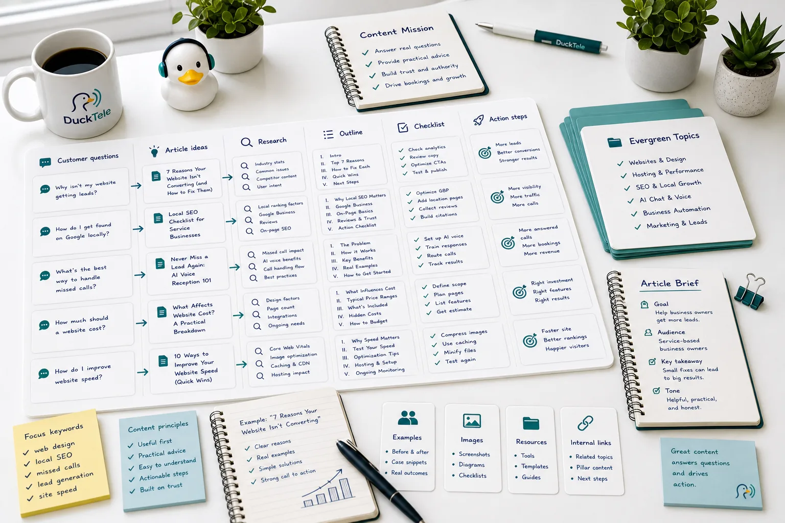 DuckTele editorial planning board turning customer questions into article ideas, research, outlines, checklists, and action steps