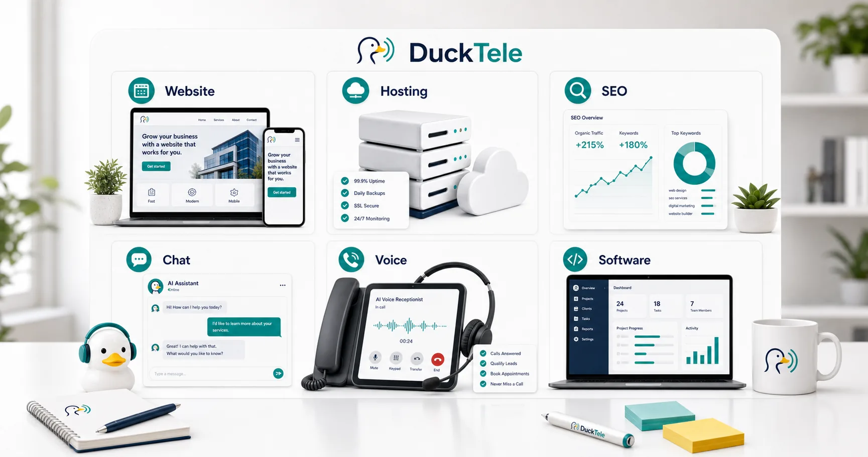 DuckTele product suite modules for website, hosting, SEO, chat, voice, and software