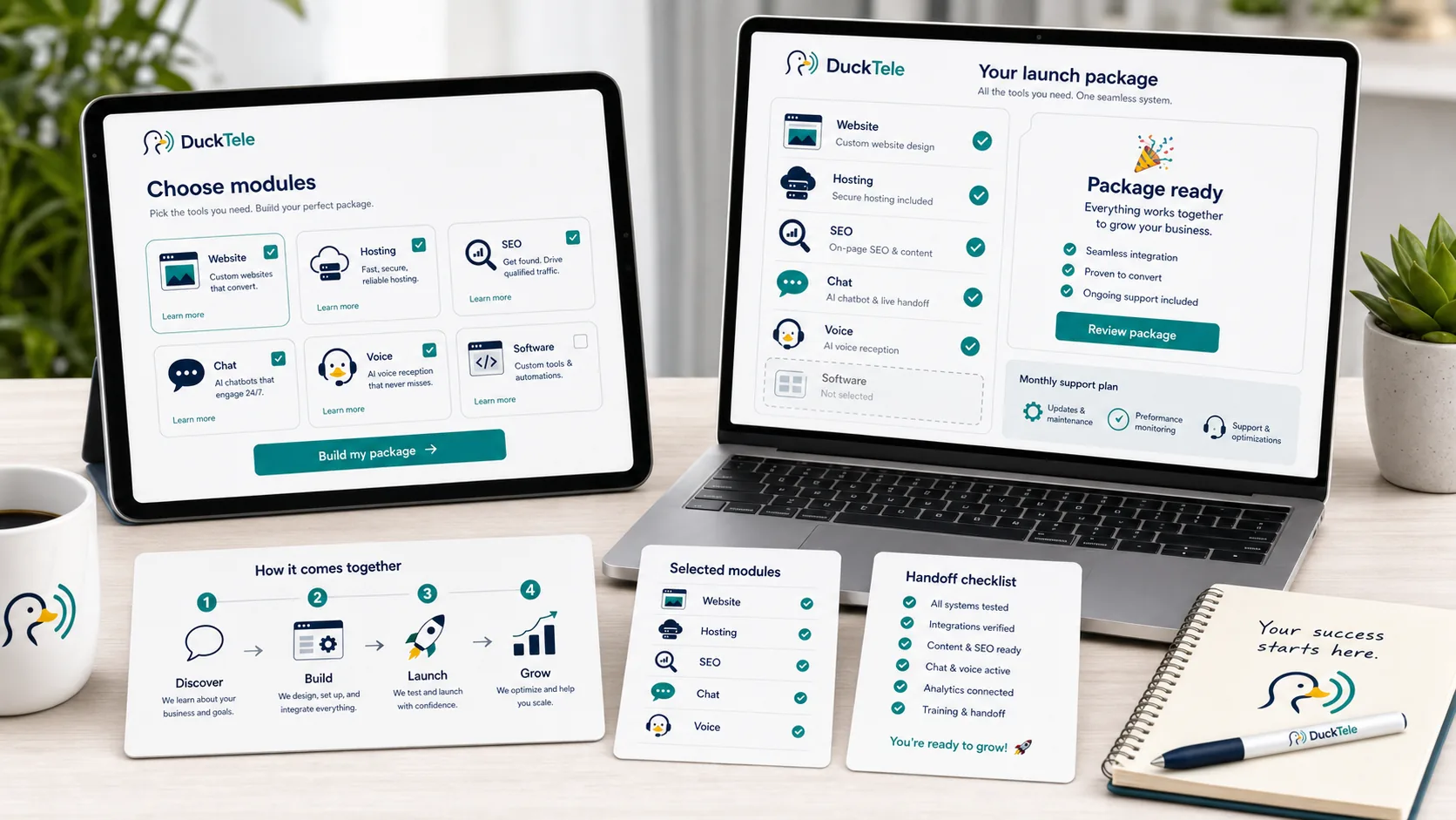 DuckTele product module planner showing website, hosting, SEO, chat, voice, software, launch plan, and support path