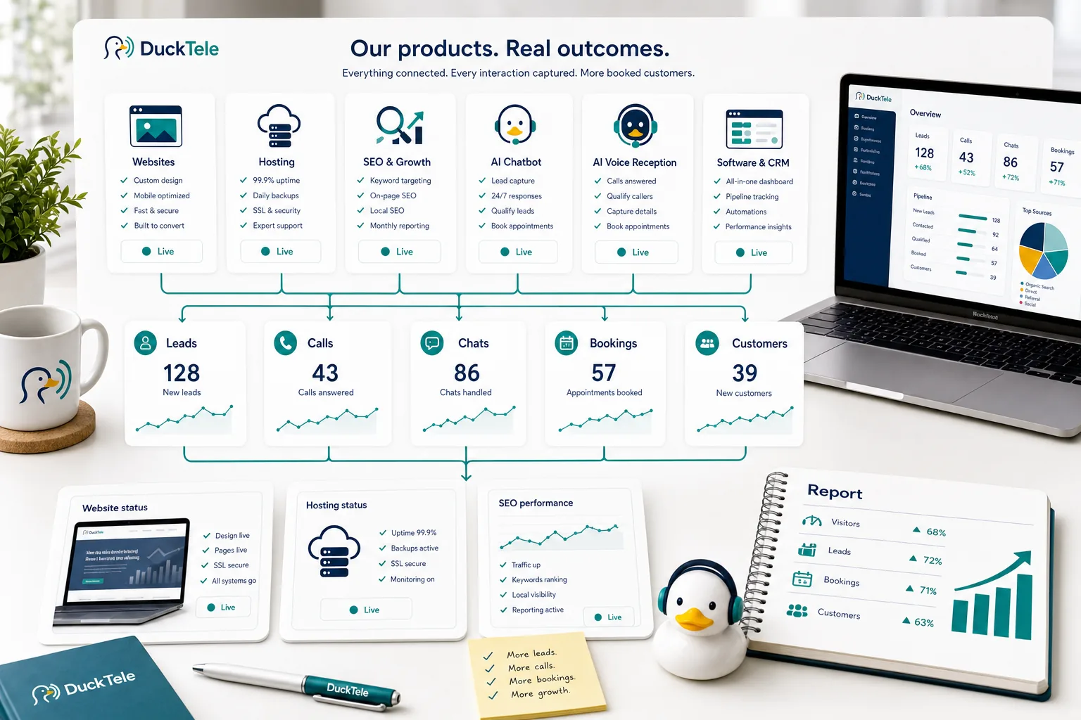 DuckTele product modules connected to leads, calls, chats, bookings, customers, website status, hosting status, SEO performance, and reporting