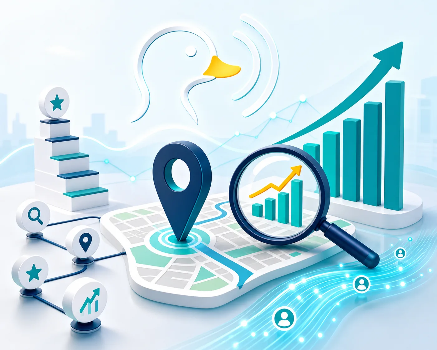 SEO growth dashboard with local search, rankings, and traffic chart