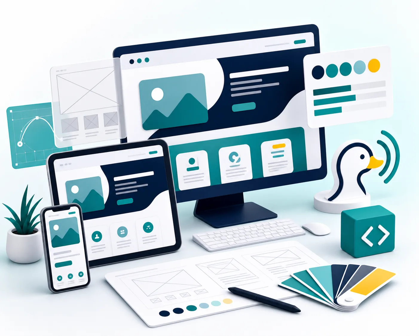 Web design workspace with responsive website mockups