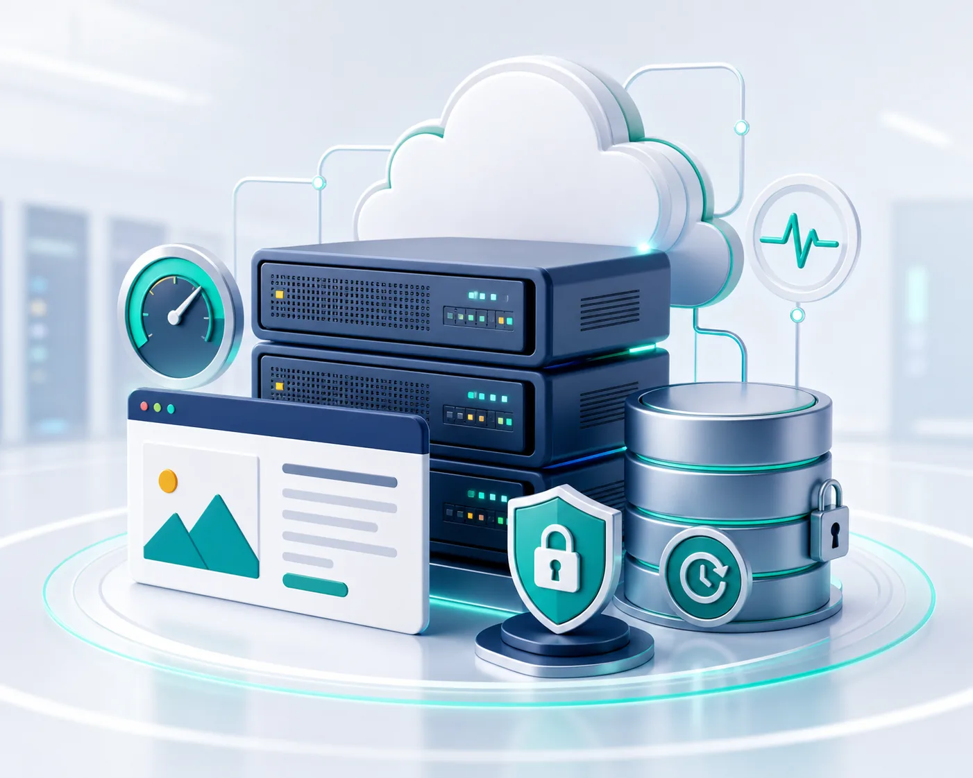 Secure web hosting infrastructure with servers, cloud, backups, and SSL