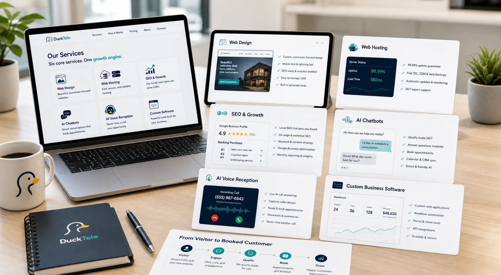 DuckTele service cards for web design, hosting, SEO, AI chatbots, AI voice reception, and custom business software on a bright workspace