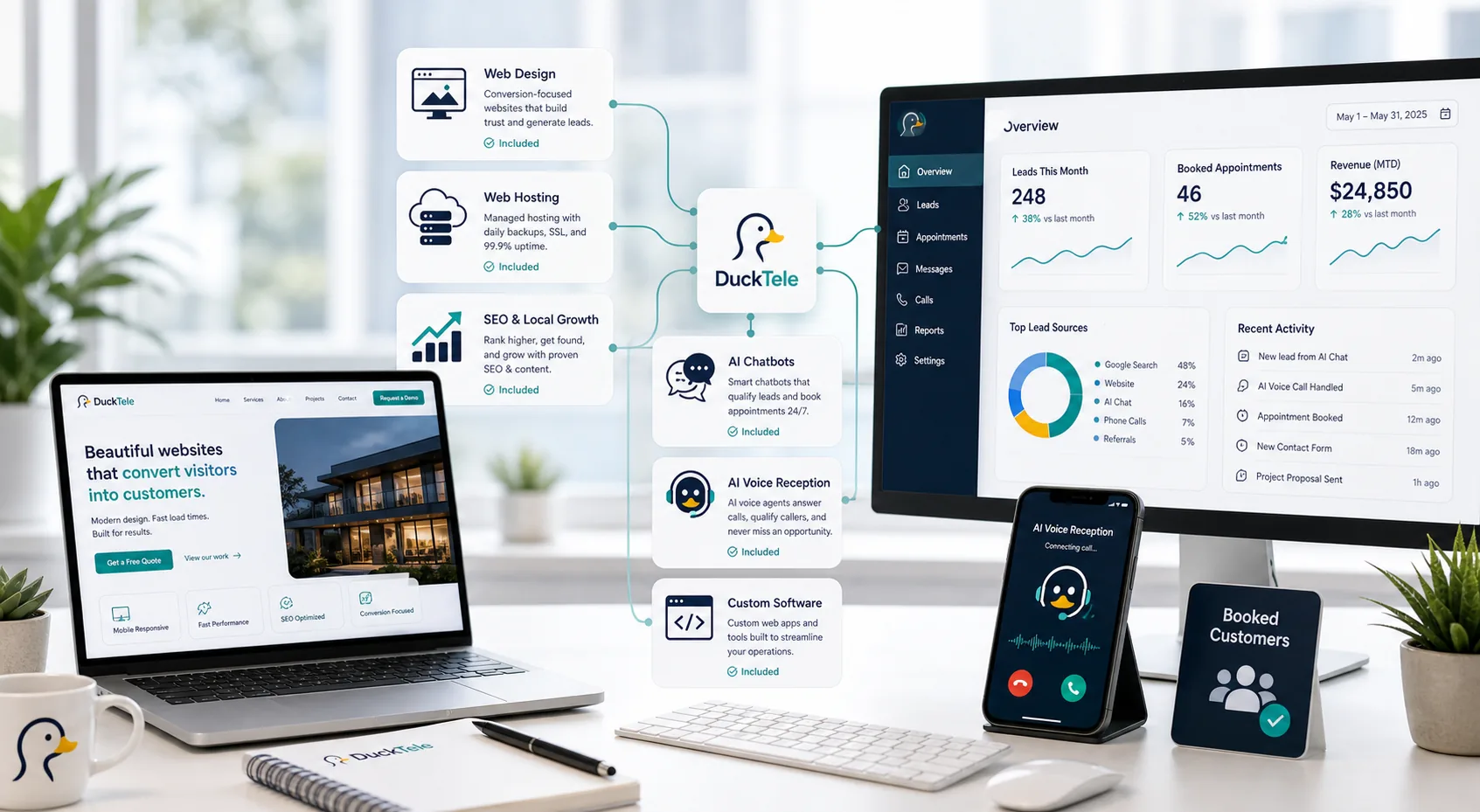 Light-themed DuckTele service stack showing websites, hosting, SEO, AI chatbots, AI voice reception, software, and booked customers