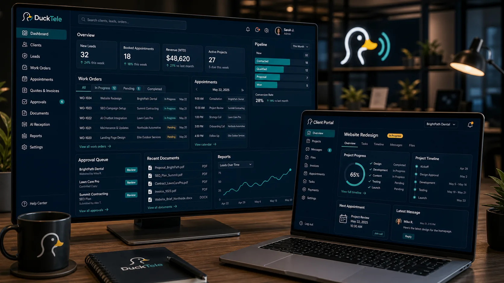 Custom DuckTele business software dashboard with work orders, leads, appointments, approvals, documents, reports, and client portal screens