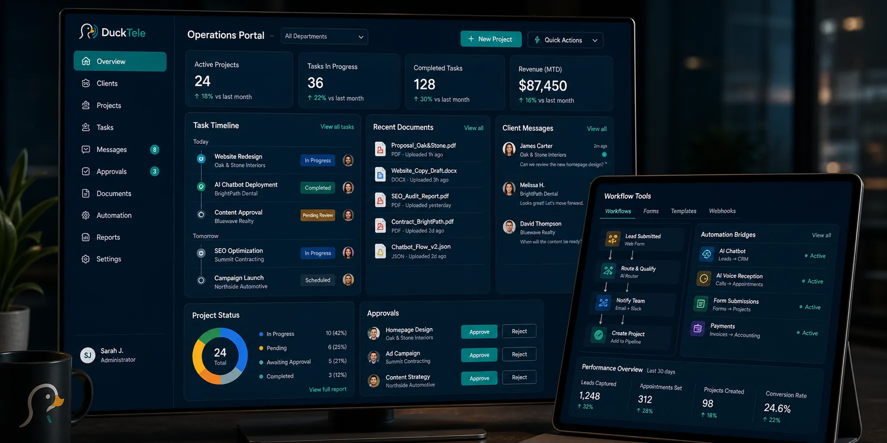 Custom operations portal closeup with role-based dashboard, timelines, client messages, approvals, documents, reports, and automation bridges
