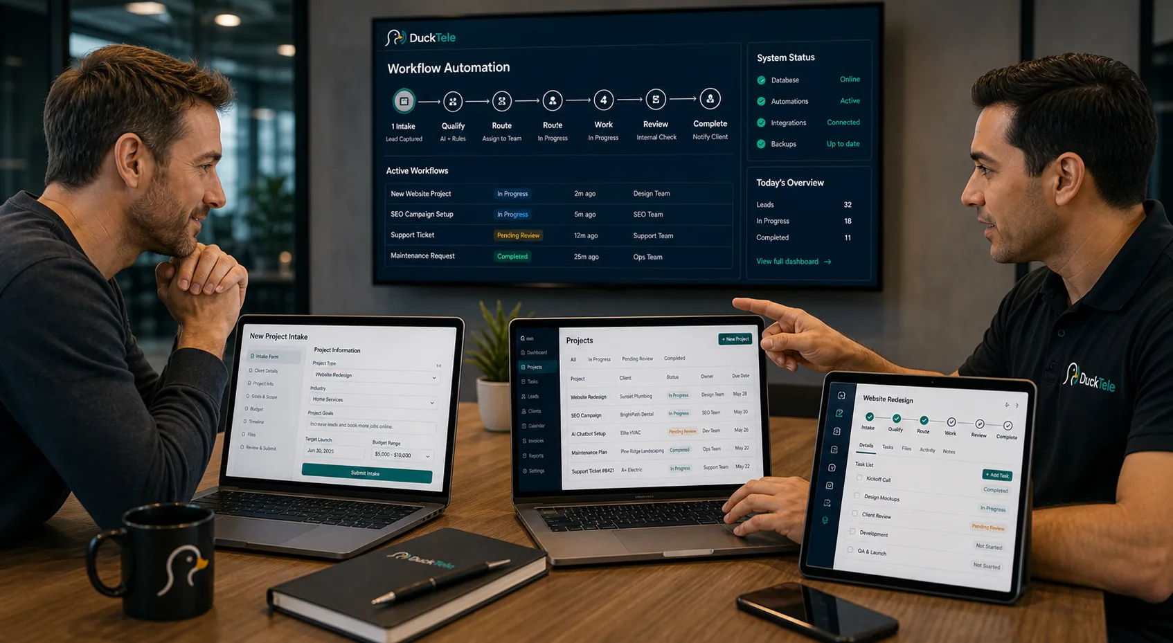 DuckTele strategist and business owner reviewing workflow automation, intake forms, project status, and admin dashboards