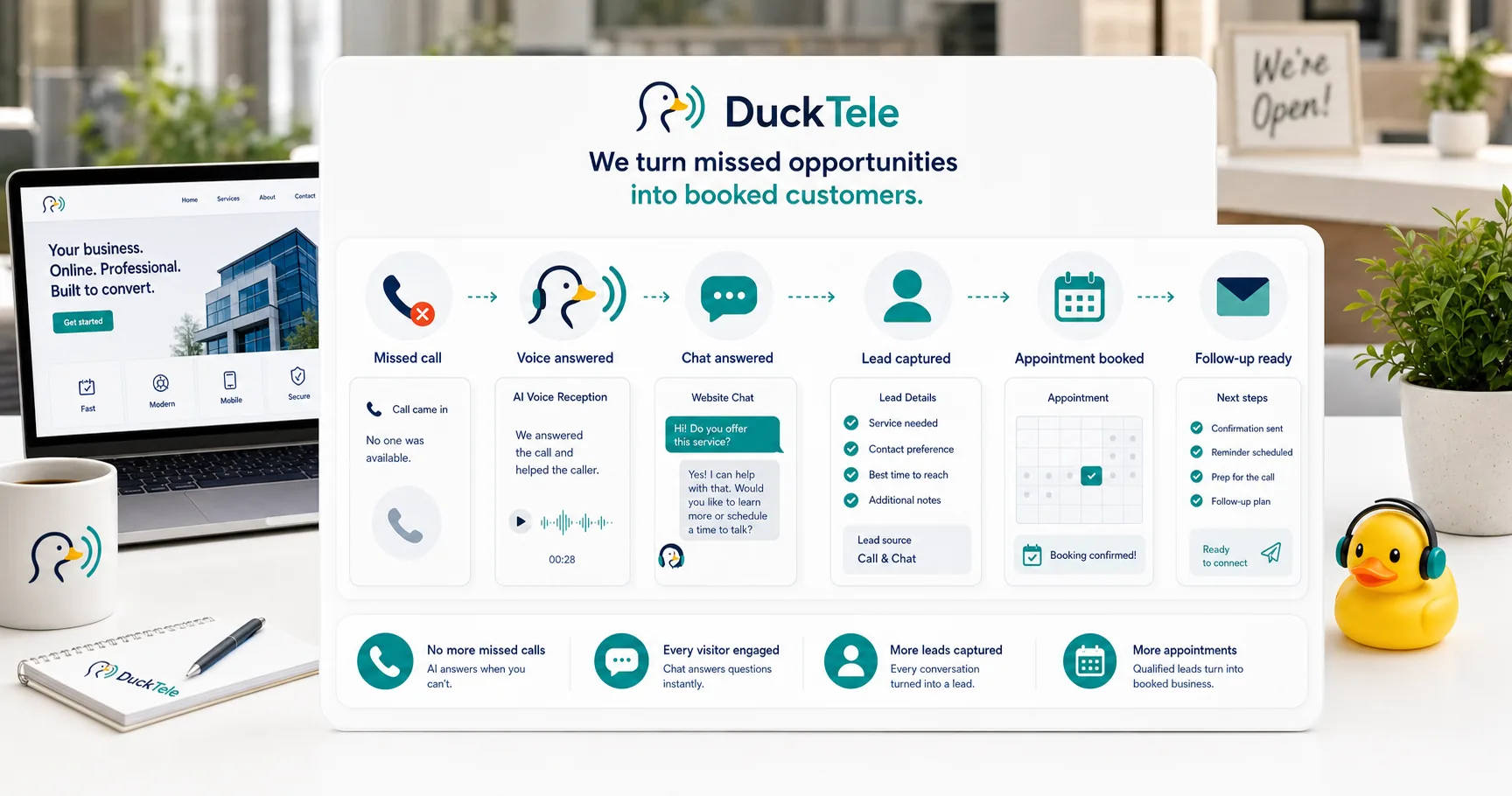 DuckTele missed calls, chat messages, captured leads, booked appointments, and follow-up workflow