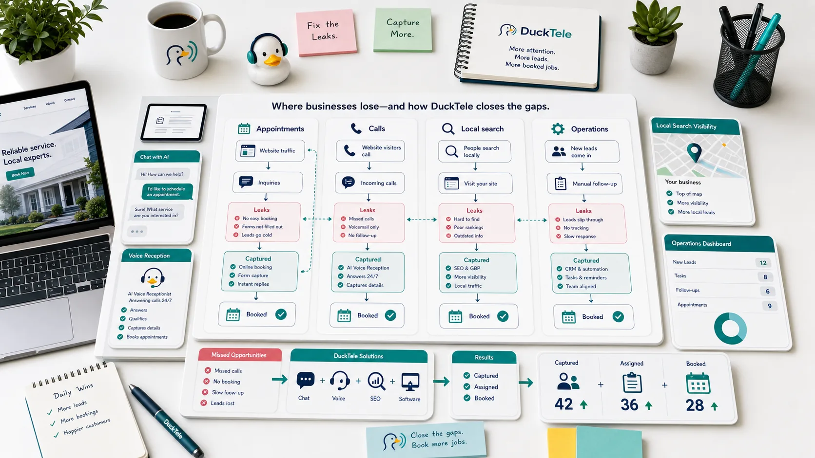 DuckTele solution map for appointments, calls, local search, and operations showing leaks captured and booked