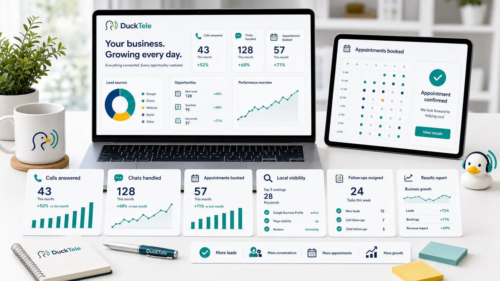 DuckTele solution outcomes showing calls answered, chats handled, appointments booked, local visibility, follow-ups assigned, and results report