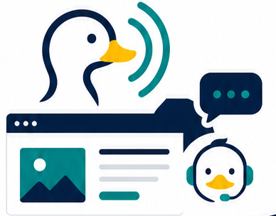 DuckTele website, chat, and AI voice reception illustration